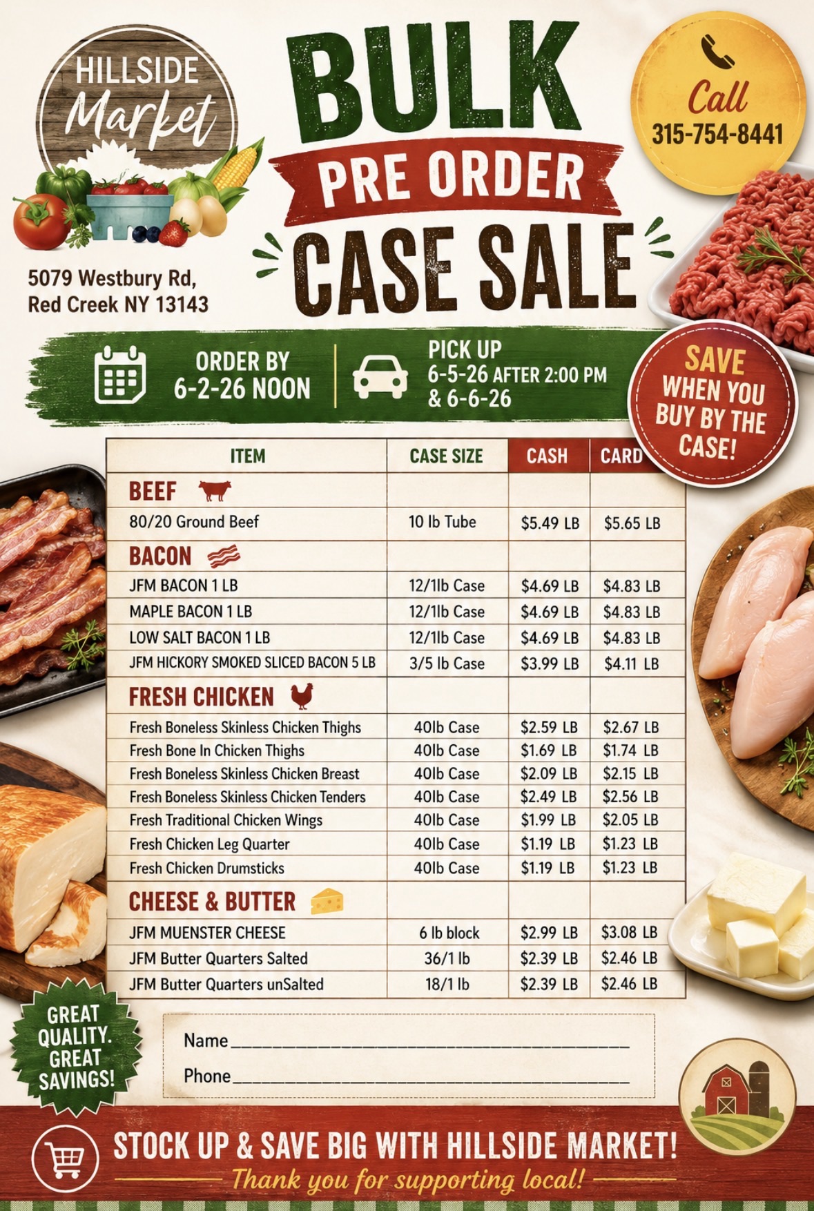 🔥 STOCK UP & SAVE BIG! 🔥Hillside Market Bulk Pre-Order Case Sale is Here! 🥩🧀🍗Fresh Quality Meats, Bacon, Chicken, Cheese & Butter at Bulk Savings!📍 Red Creek, NY | Order by June 2 Noon | Pick Up June 5 & 6 316-754-8441